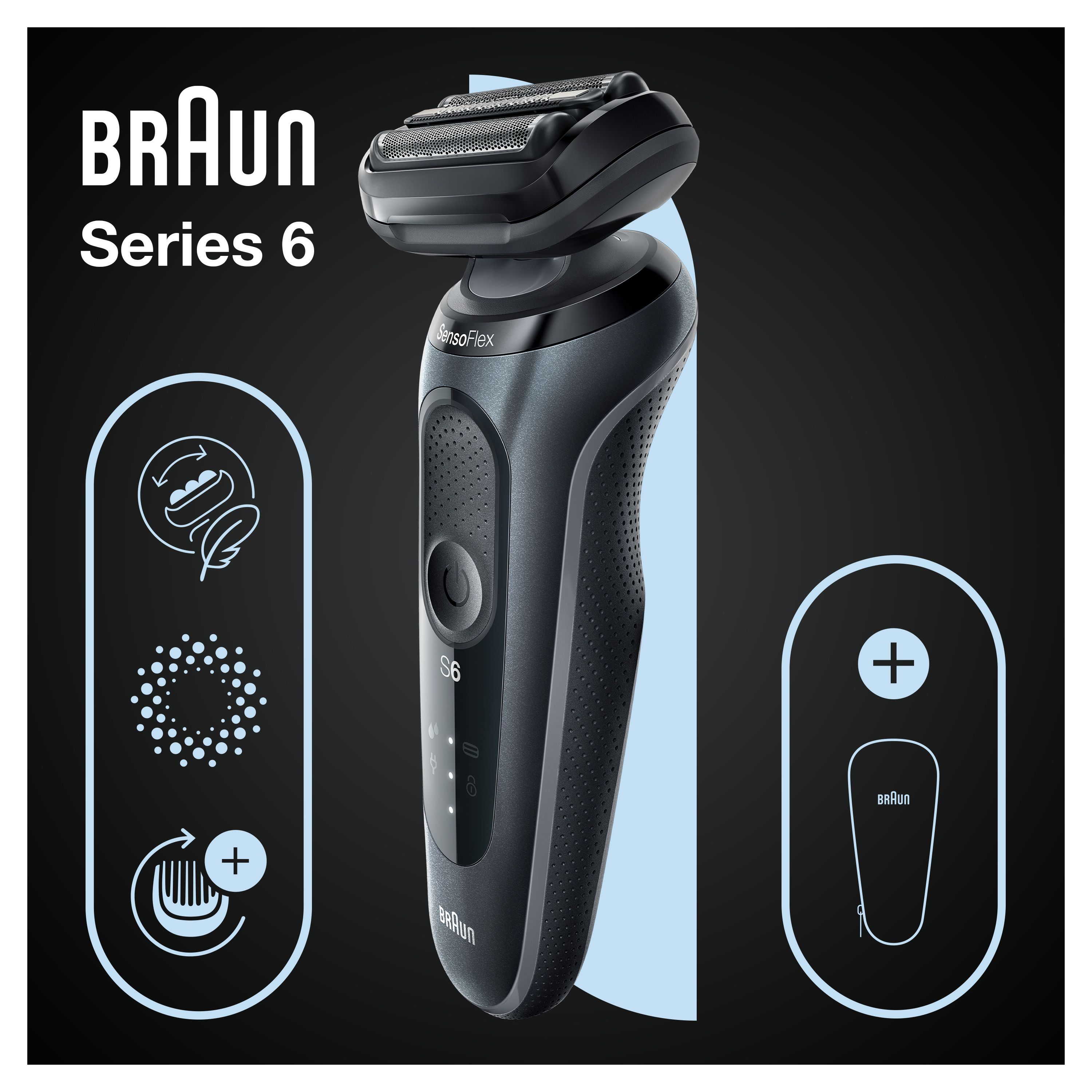 Grauer Elektrorasierer Braun Series 6. SensoFlex-Technologie. Illustrationen: Rasur, Reinigung, Plus-Symbol.