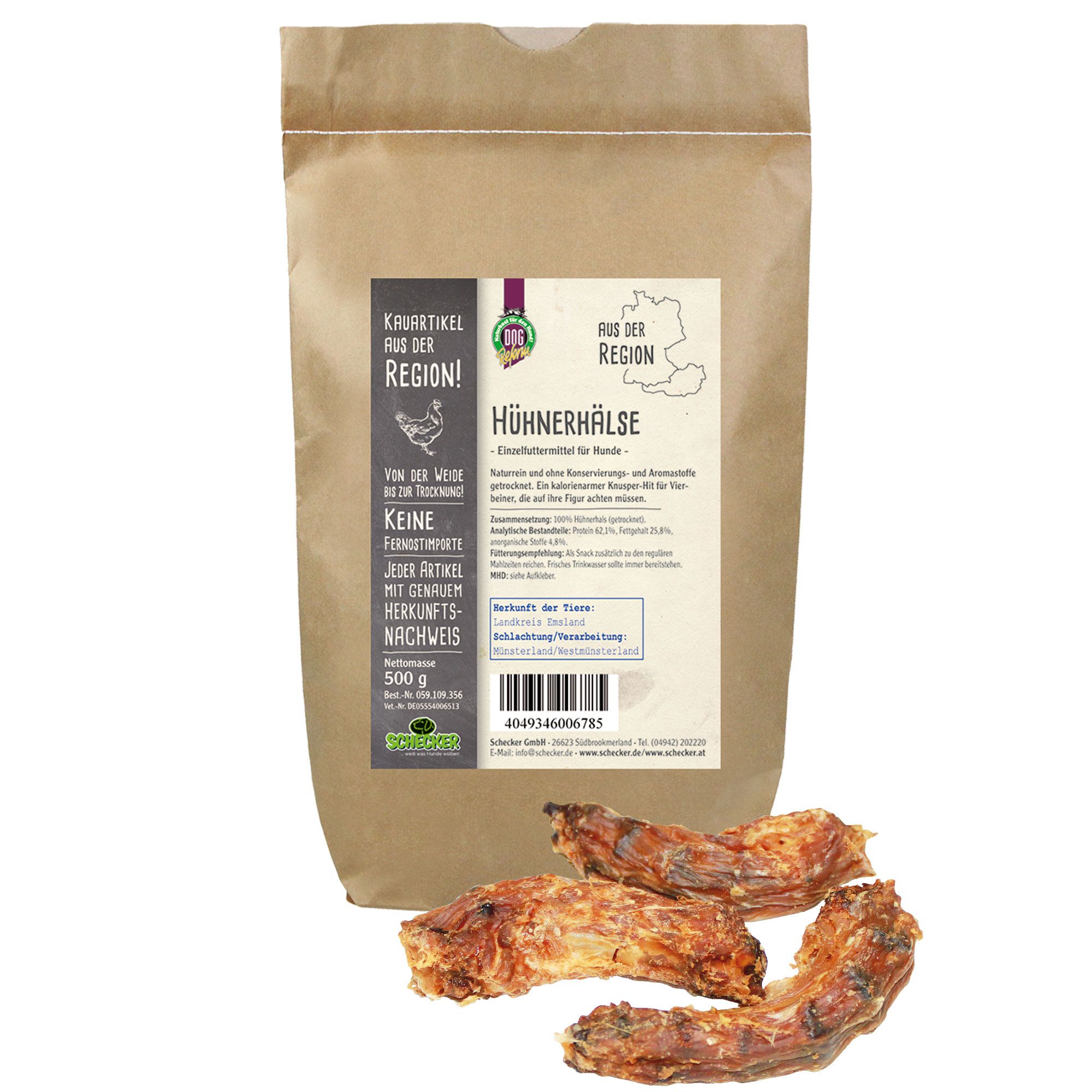Hühnerhälse, getrocknet. Braune, fleischige Stücke. Aufdruck "Hühnerhälse" und "Aus der Region" auf Verpackung.