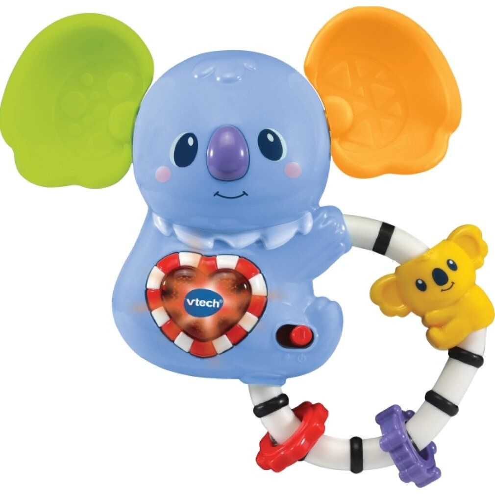Blaues Koala-Rasselspielzeug mit bunten Ohren und einem Herz. Mit VTech-Logo. Ring mit bunten Ringen und einem gelben Koala.