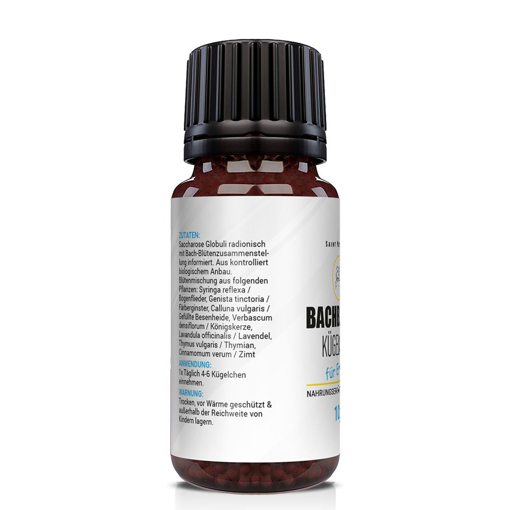 Rückseite einer braunen Glasflasche mit schwarzem Deckel. Etikett mit Text und Zutatenliste. Marke: Saint Nutrition.