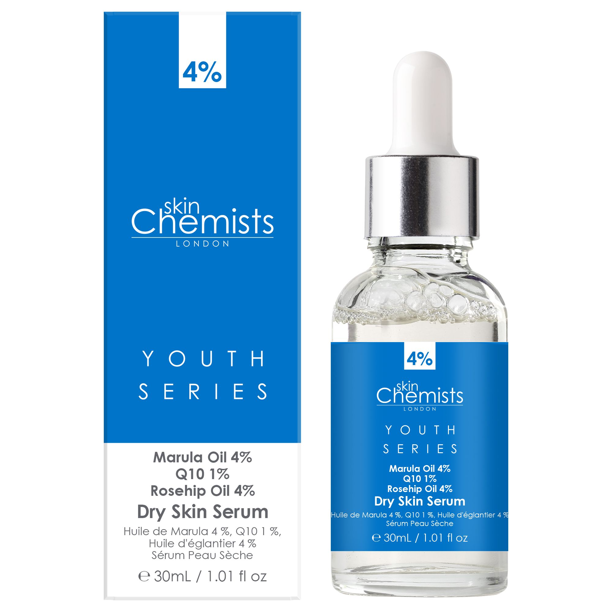 Serumflasche mit Pipette und Verpackung. Blaue Verpackung mit weißer Schrift. Aufschrift: Youth Series, Marula Oil 4%, Dry Skin Serum.