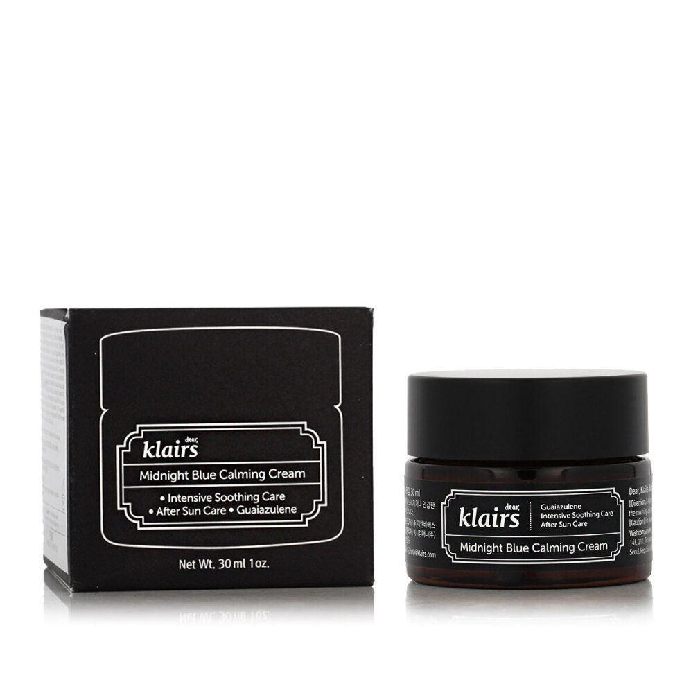 Produkt und Verpackung. Aufschrift: Dear Klairs Midnight Blue Calming Cream. Auf weißem Hintergrund.