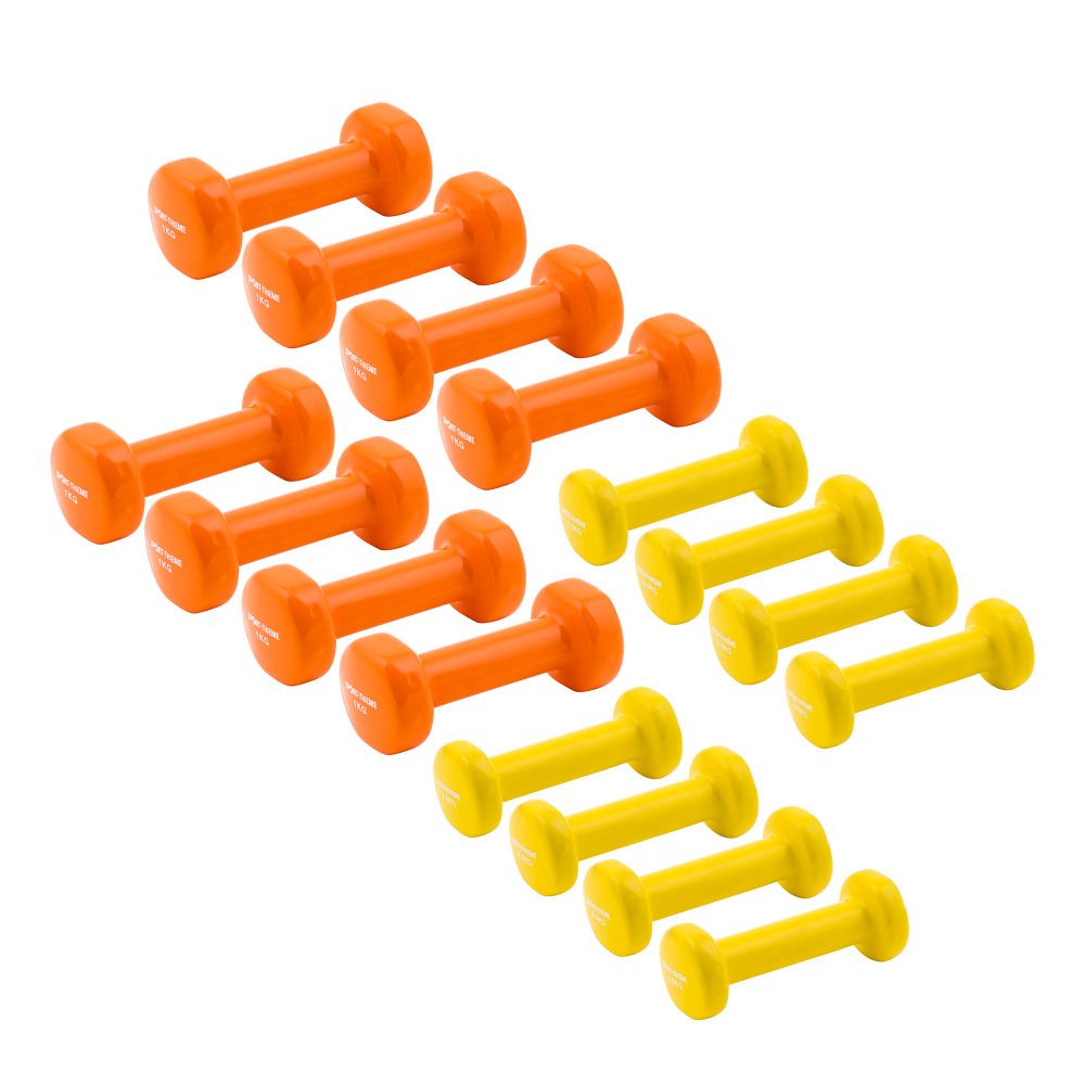 Mehrere Kurzhanteln in Orange und Gelb. Zylindrische Form mit abgerundeten Enden. Vinyl-Oberfläche.