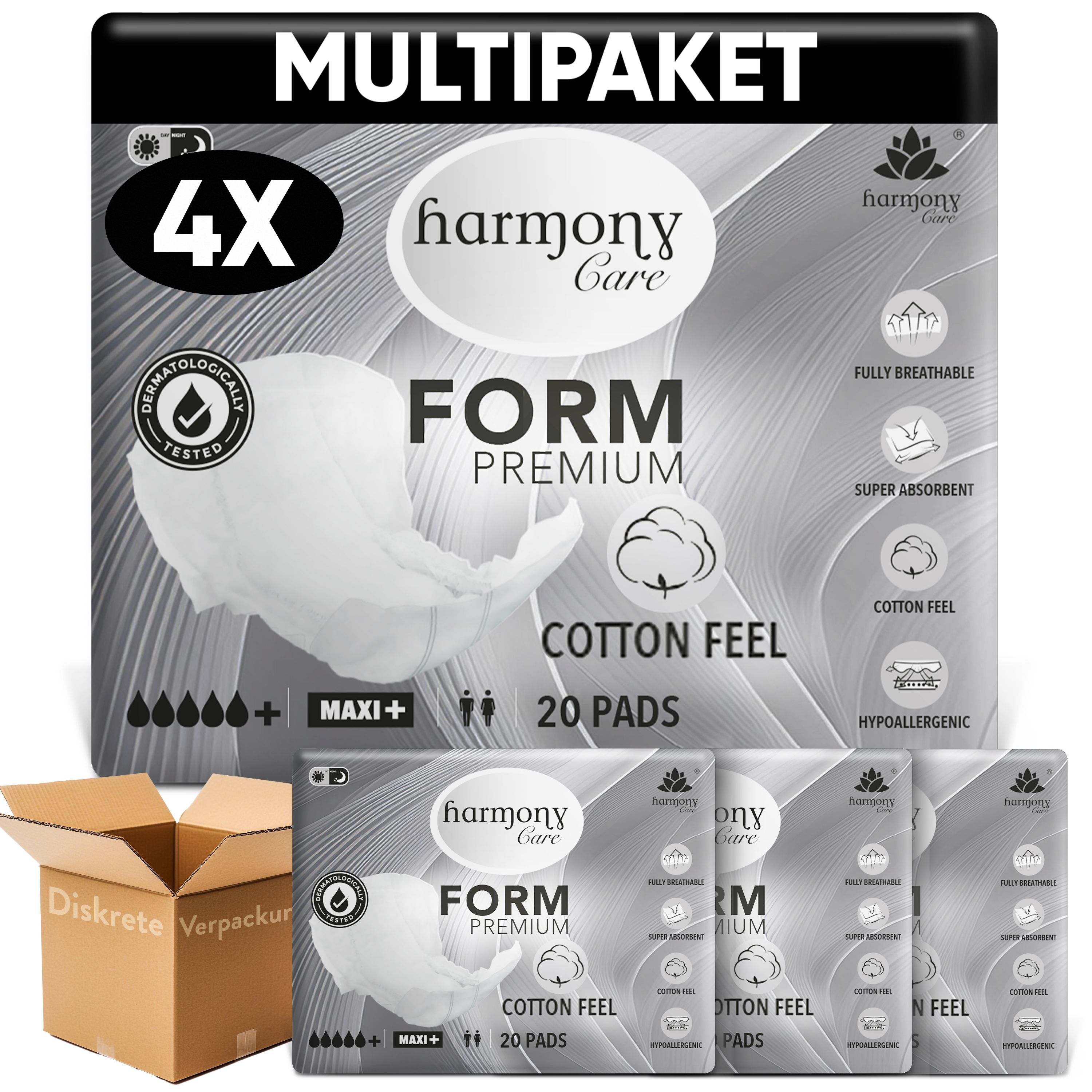 Harmony Care® Form Maxi+ - saugstarke Inkontinenzvorlagen Unisex – anatomisch geformte Vorlagen bei