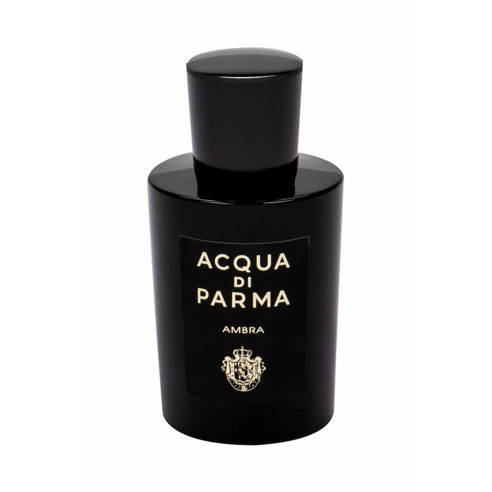 Schwarze Flasche mit Aufschrift ACQUA DI PARMA AMBRA. Schwarzer Deckel. Goldfarbenes Logo.