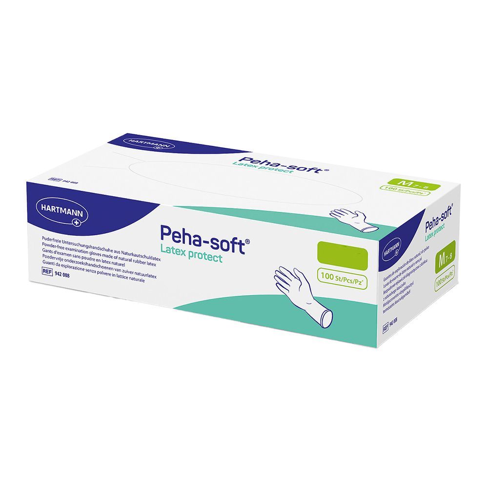 Verpackung von Peha-soft® Latex protect Handschuhen. Marke Hartmann. Größe M. 100 Stück pro Packung.