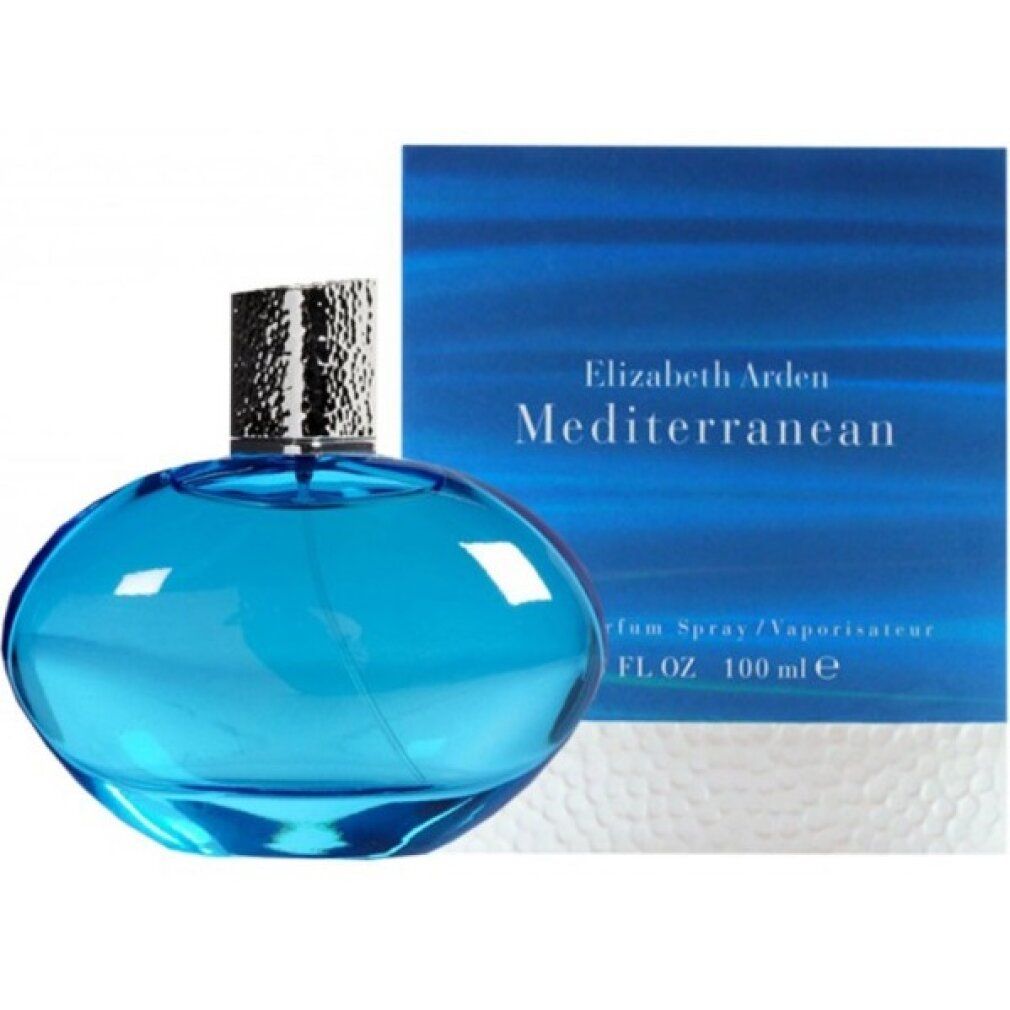 Blauer Flakon und Verpackung. Aufschrift: Elizabeth Arden Mediterranean.