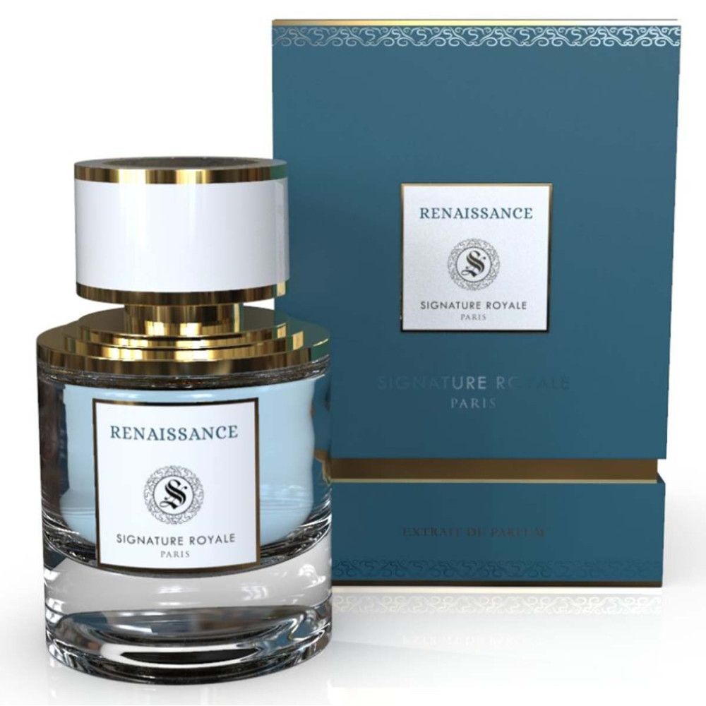 Flakon und Schachtel. Flakon mit goldfarbenem Verschluss, weißem Band und Etikett. Schachtel in Blau mit Logo.