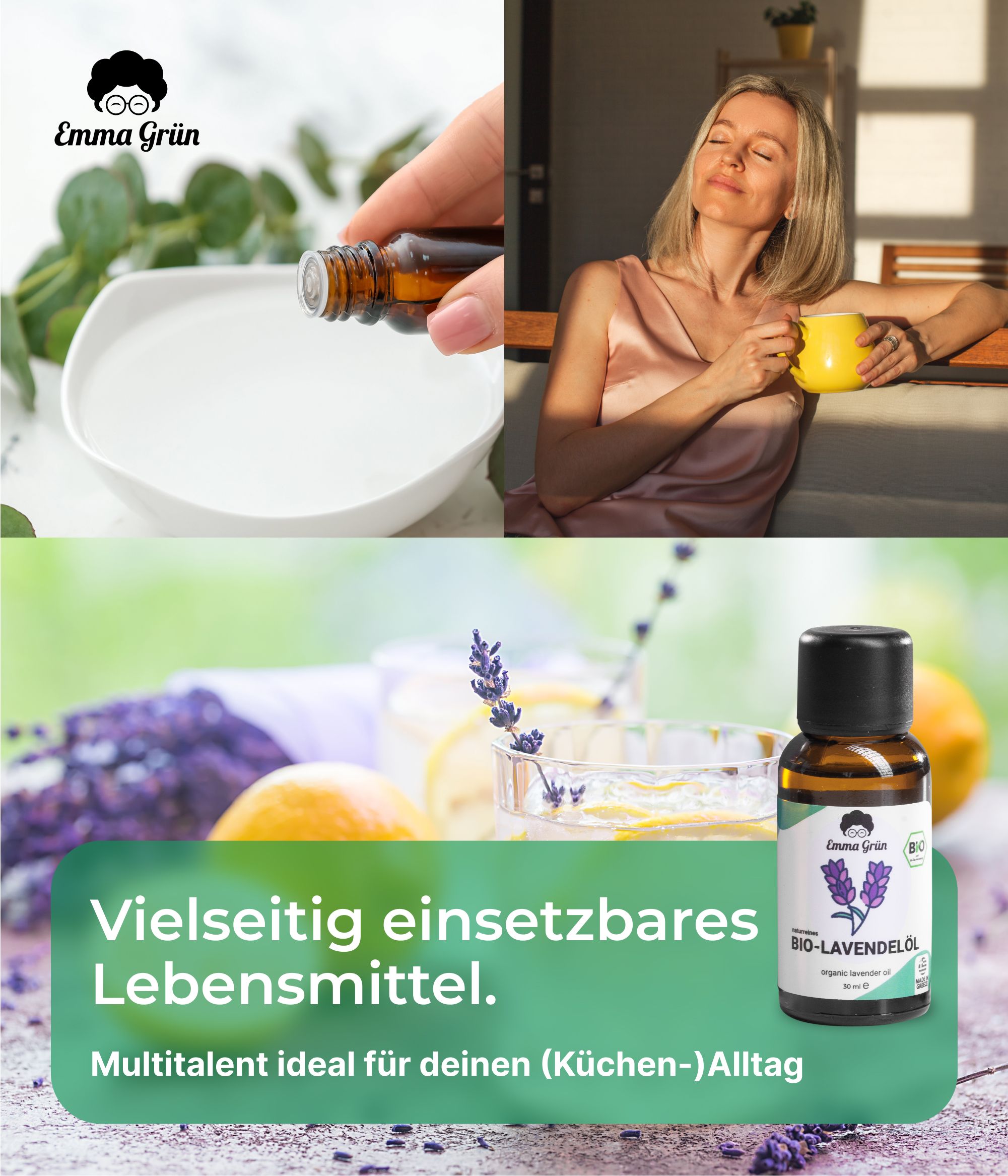 Bildercollage: Hand gießt Öl in Schüssel, Frau trinkt Tee, Getränk mit Zitrone. Flasche Bio-Lavendelöl. Text: Vielseitig einsetzbares Lebensmittel.