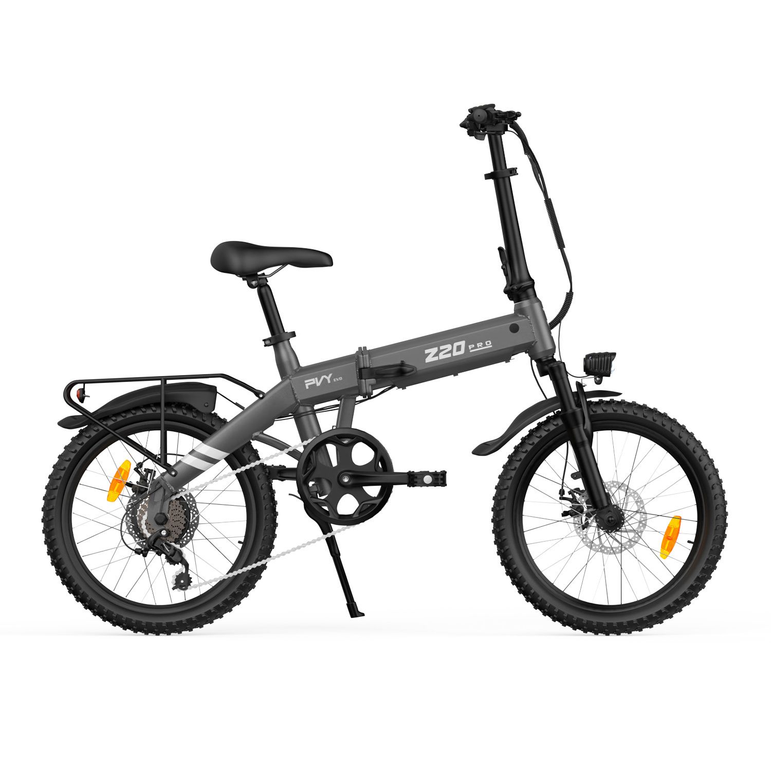 Graues Klapp-E-Bike mit schwarzem Sattel, Lenker und Reifen. Gepäckträger hinten. PVY-Logo.
