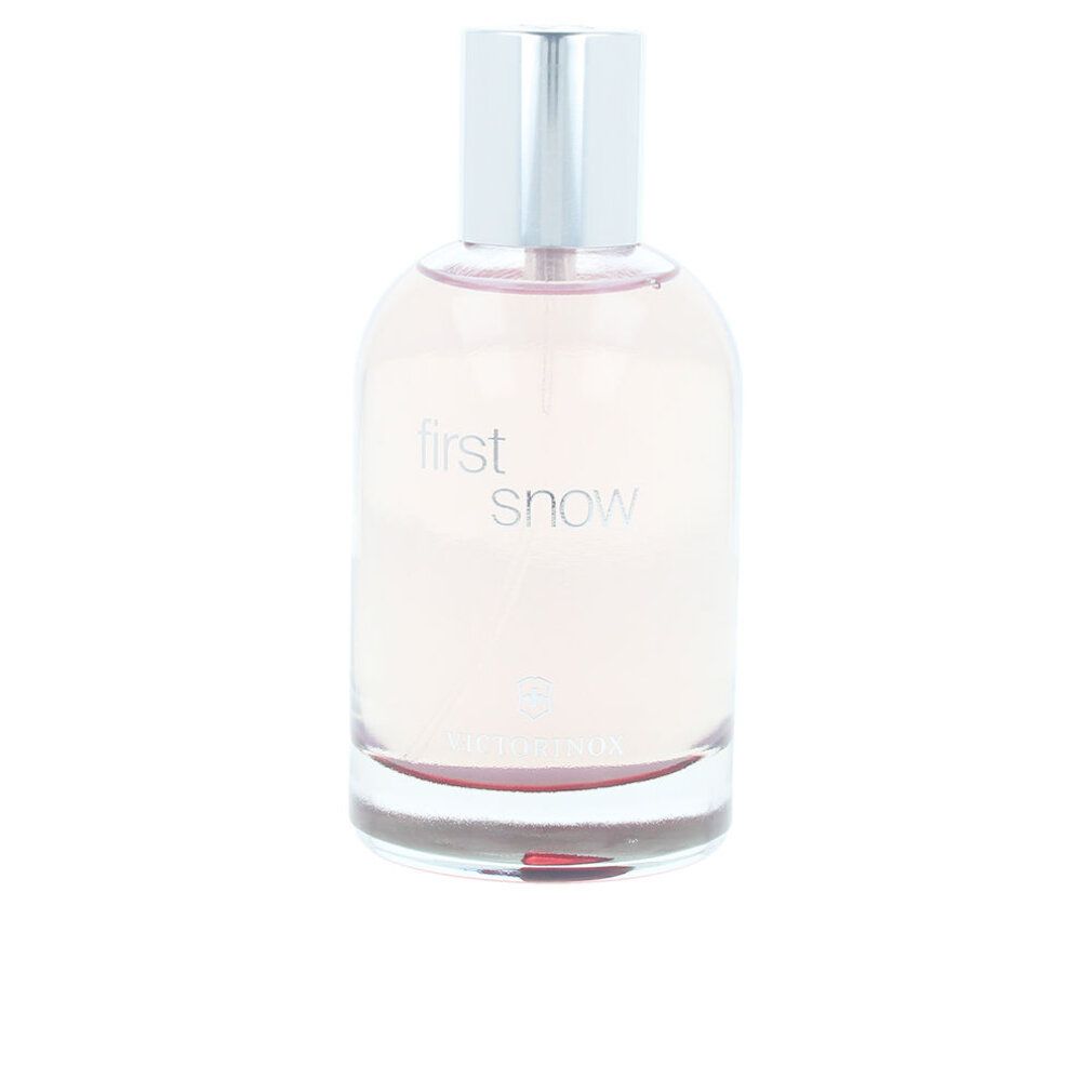Victorinox First Snow Flakon. Transparenter Flakon mit silbernem Verschluss. Produktname und Logo auf dem Flakon.