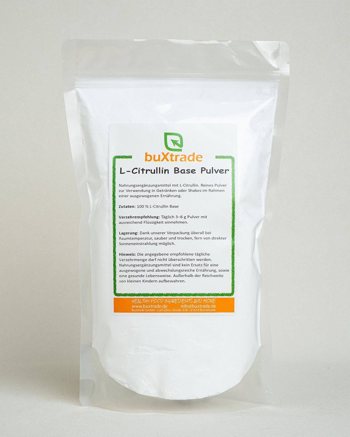 Verpackung mit L-Citrullin Base Pulver und Produktinformationen.