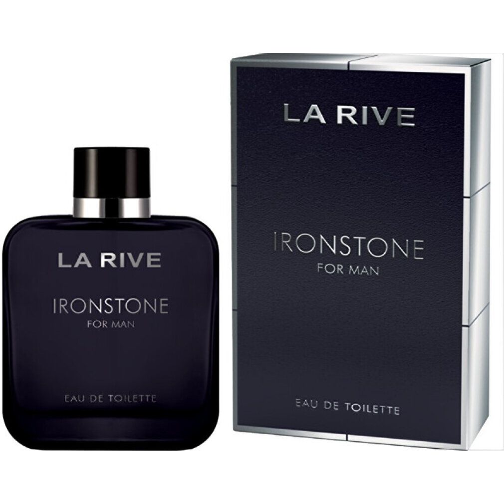 Dunkelblaue Flasche und Verpackung. Flasche quadratisch, schwarzer Deckel. Verpackung: "LA RIVE", "IRONSTONE FOR MAN", "EAU DE TOILETTE".