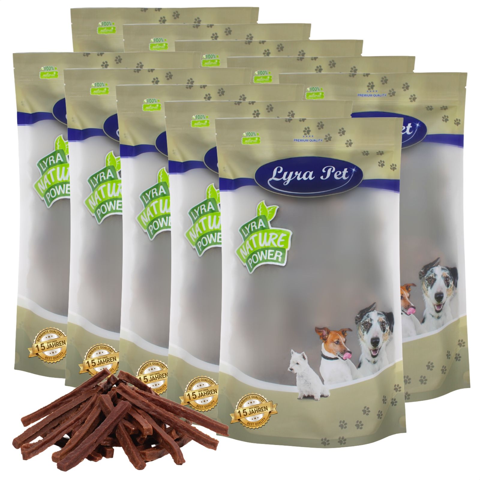 Lyra Pet Nature Power Hundeleckerlis in Beuteln, mit drei Hunden und Hundewürfeln.