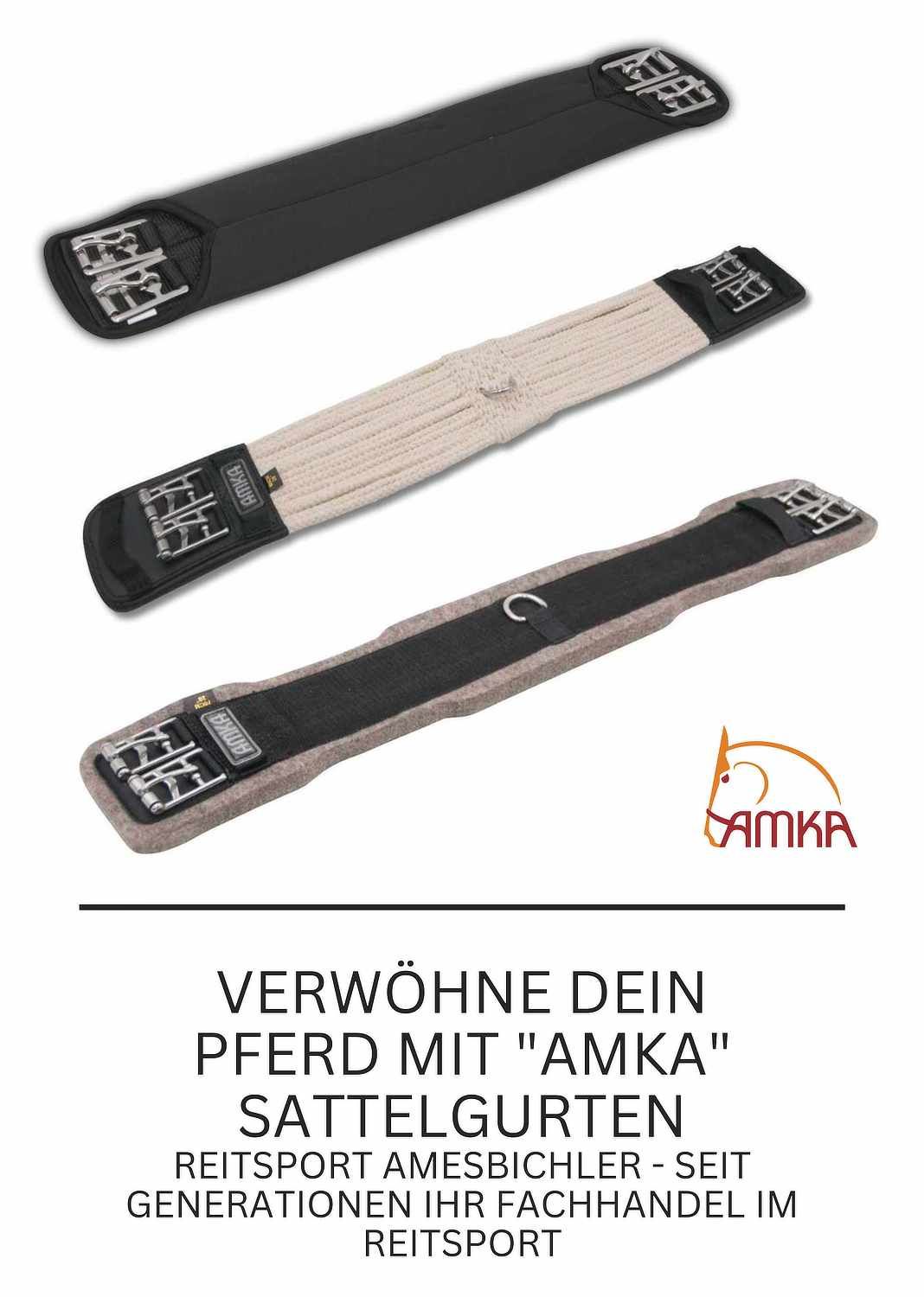 Drei Sattelgurte in Schwarz, Beige und Grau. Text: "AMKA Sattelgurte".