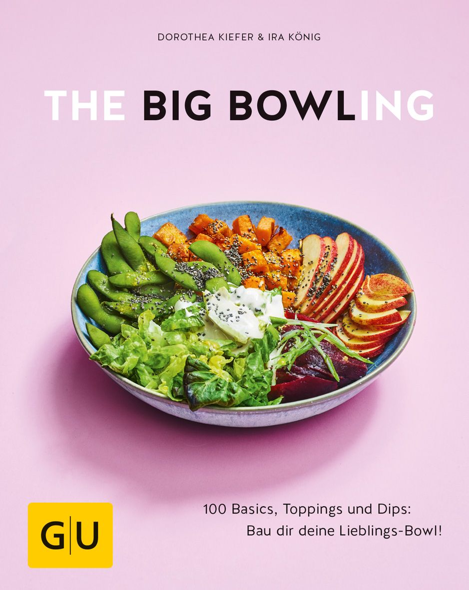 Buchcover: "The Big Bowling". Blaue Schüssel mit Gemüse und Obst. Titel und Autoren. Logo "GU".