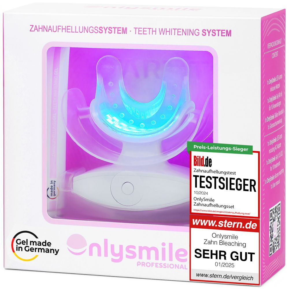 Kit de blanchiment dentaire Onlysmile. Contient une lampe LED et du gel. Inscriptions : Testé, Gel fabriqué en Allemagne.