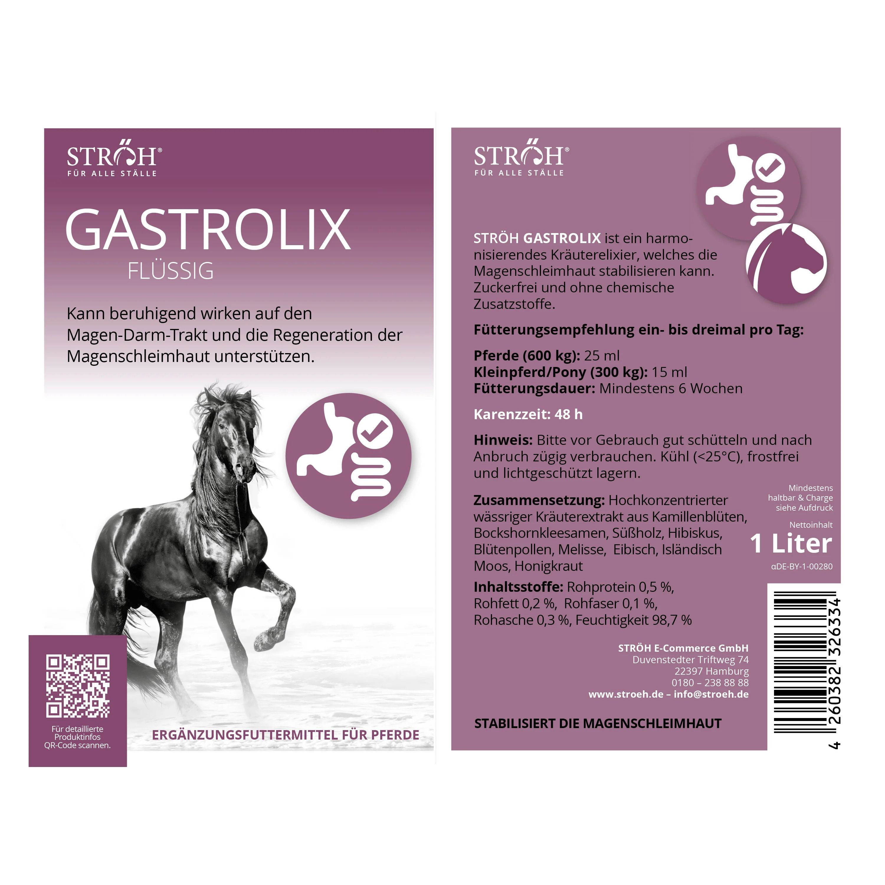 Rückseite einer Produktverpackung. Aufschrift: GASTROLIX. Logo: Pferd. Text in deutscher Sprache. 1 Liter Flasche.