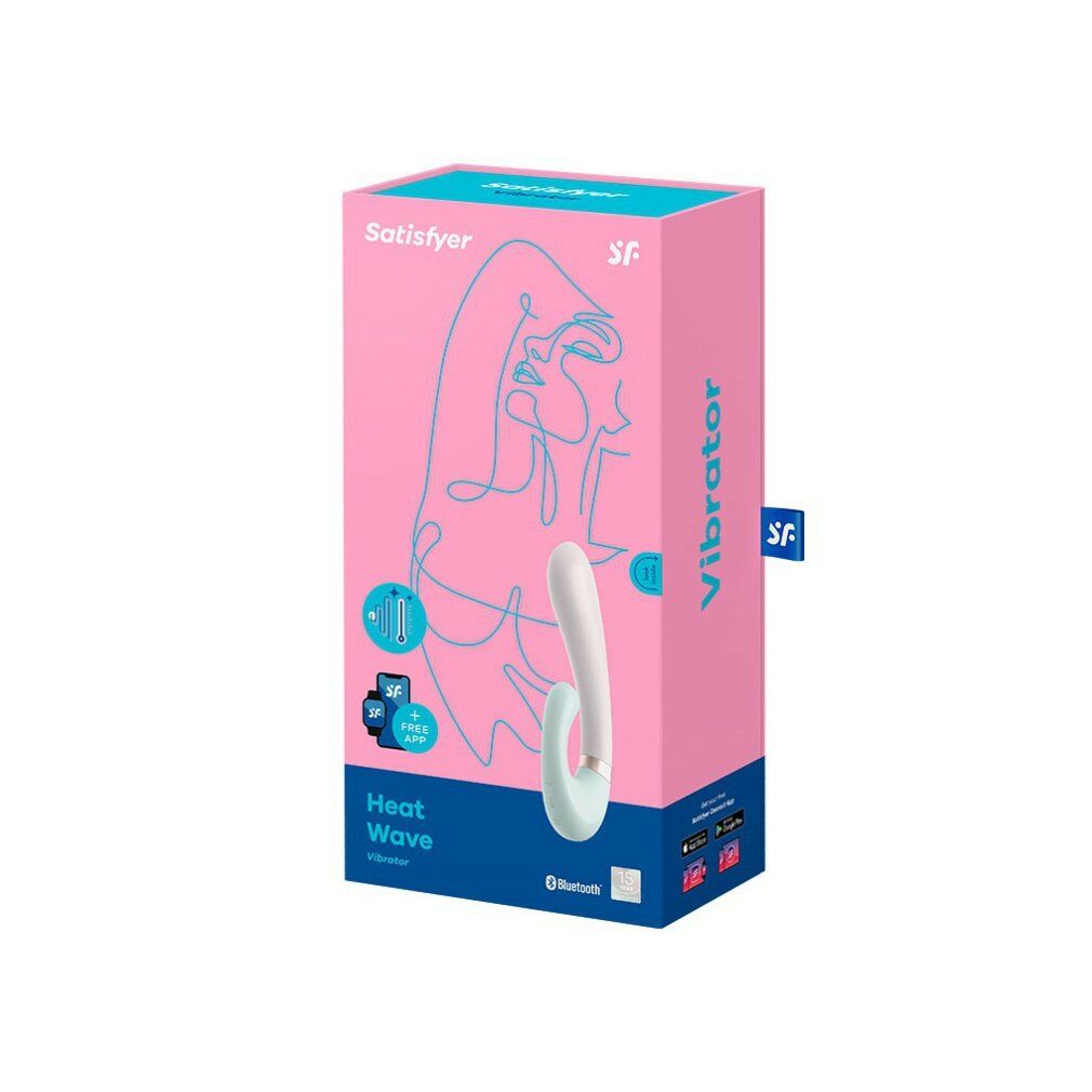 Verpackung. Rosa-weiße Box mit Produktabbildung und Schriftzug "Heat Wave Vibrator". Marke: Satisfyer.
