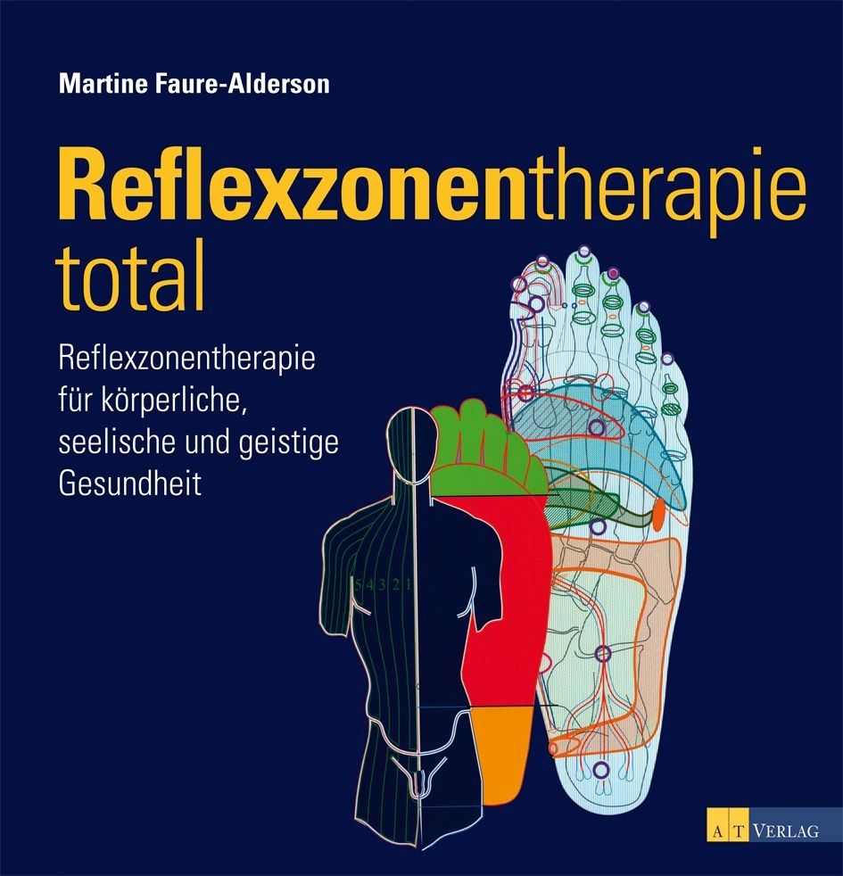 Buchcover mit Titel: Reflexzonentherapie total. Illustration von Fuß und menschlichem Körper, farbig dargestellt.