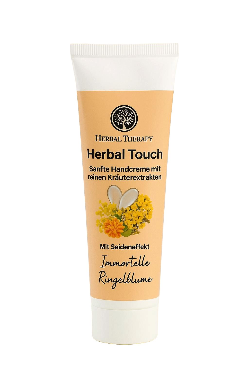 Creme-Tube mit Herbal Therapy Logo und Produktnamen. Gelb-beiger Hintergrund mit Blüten-Illustrationen. Text: Sanfte Handcreme.