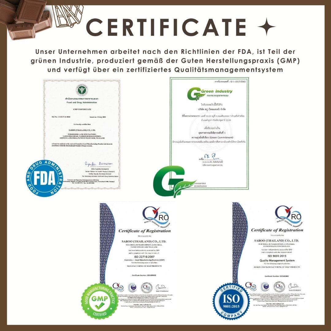 Zertifikate: FDA, GMP, ISO 9001. Logos: Green Industry, QRO. Text: Zertifiziertes Qualitätsmanagementsystem.