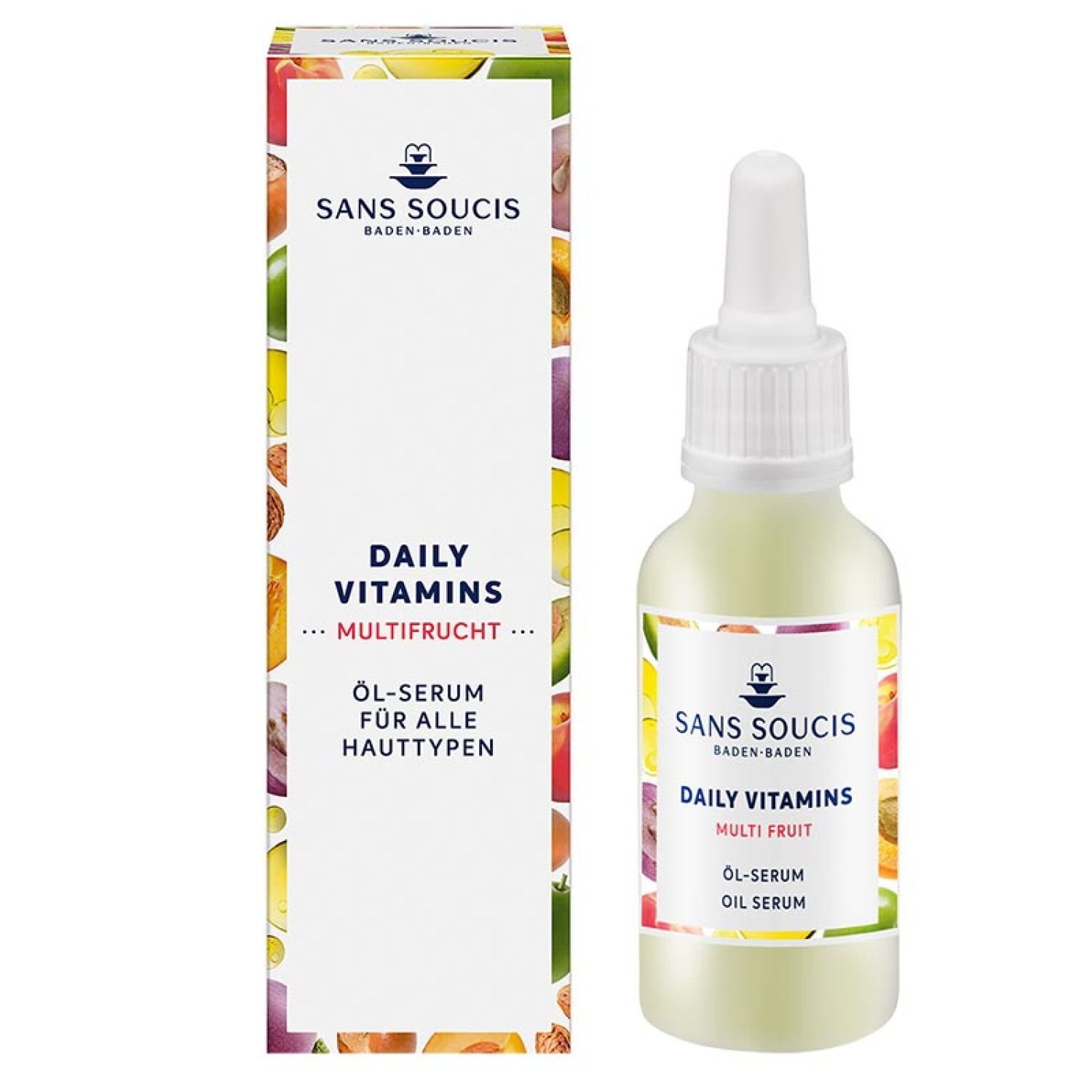 Serumflasche und Verpackung. Aufschrift: Daily Vitamins, Öl-Serum. Für alle Hauttypen. Marke: Sans Soucis.