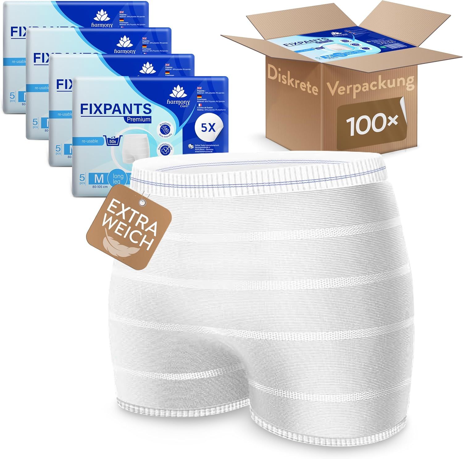 Mehrere Packungen Fixpants Premium und eine offene Versandbox mit 100 Stück.