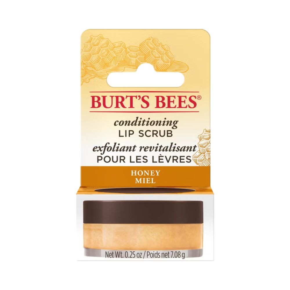 Verpackung mit Lippenpeeling. Marke Burt's Bees. Text: Conditioning Lip Scrub, Honey.