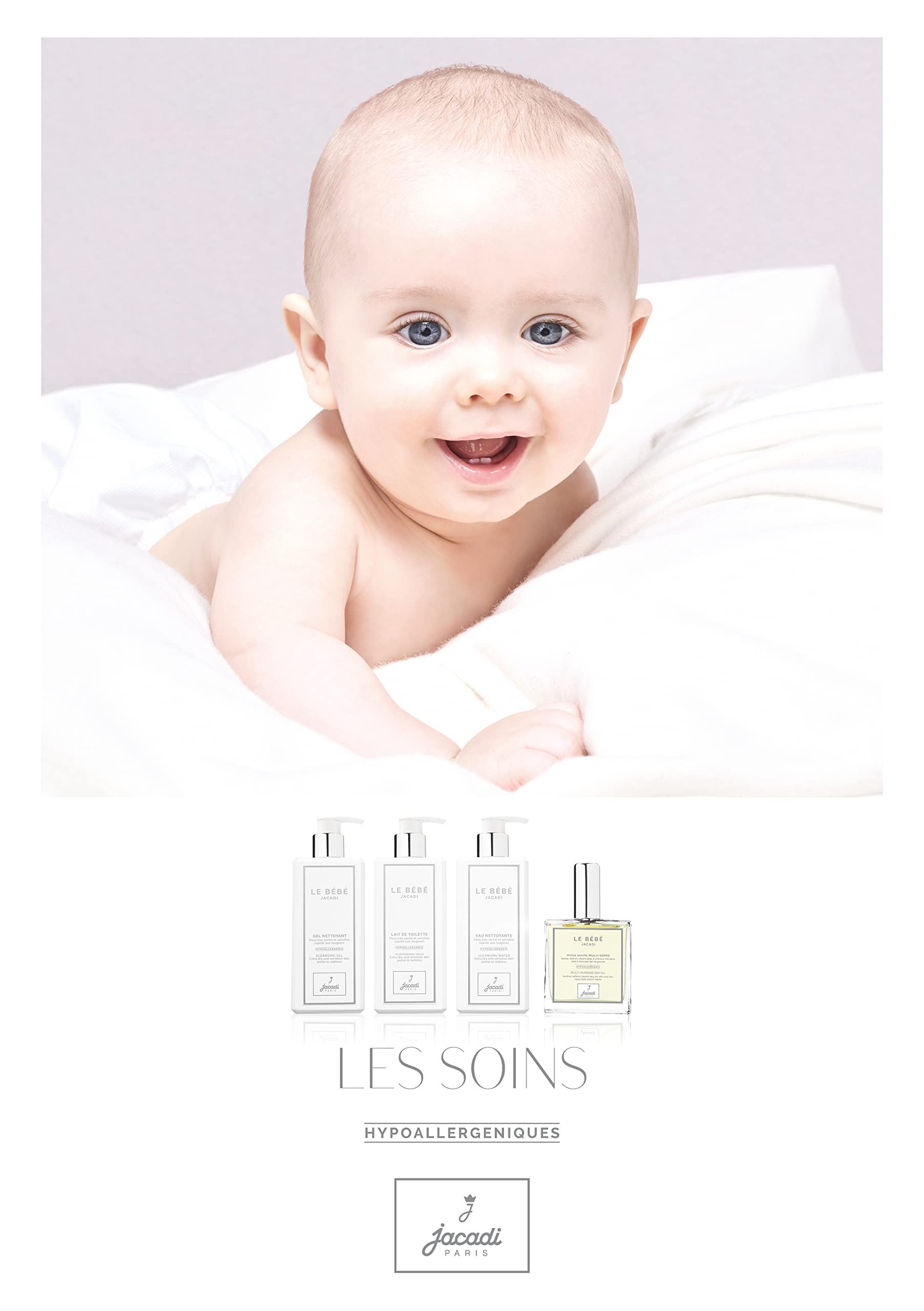 Weiße Flasche mit silbernem Pumpkopf. Aufschrift: Jacadi Paris, Crème Corps Nourrissante, Nourishing Body Cream.