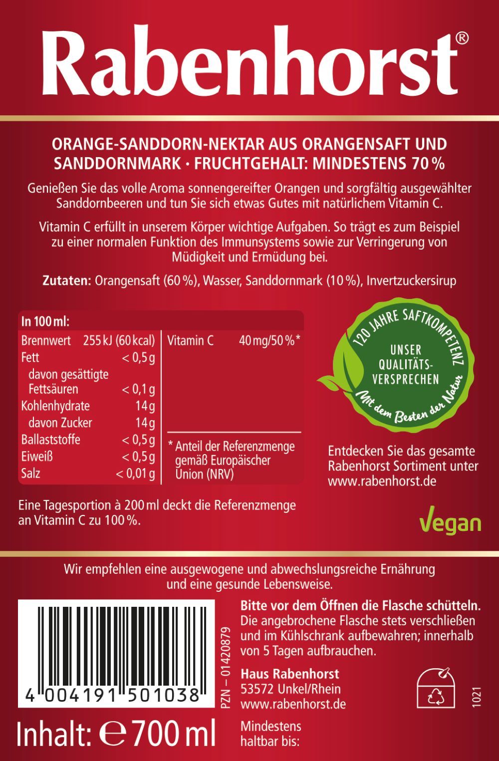 Etikett mit Produktinformationen. Rabenhorst Orange-Sanddorn-Nektar. Zutaten, Nährwerte, Logo, Text, und Gütesiegel.