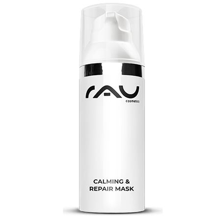 Weiße Flasche mit RAU Cosmetics Calming & Repair Mask. Text: Calming & Repair Mask.