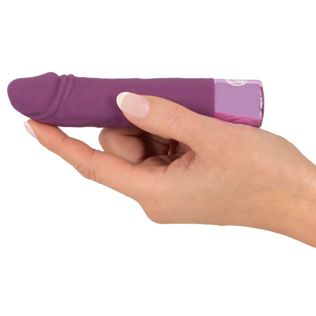 Hand hält lila Vibrator. Silberfarbener Sockel. Penisform. Glatte Oberfläche.