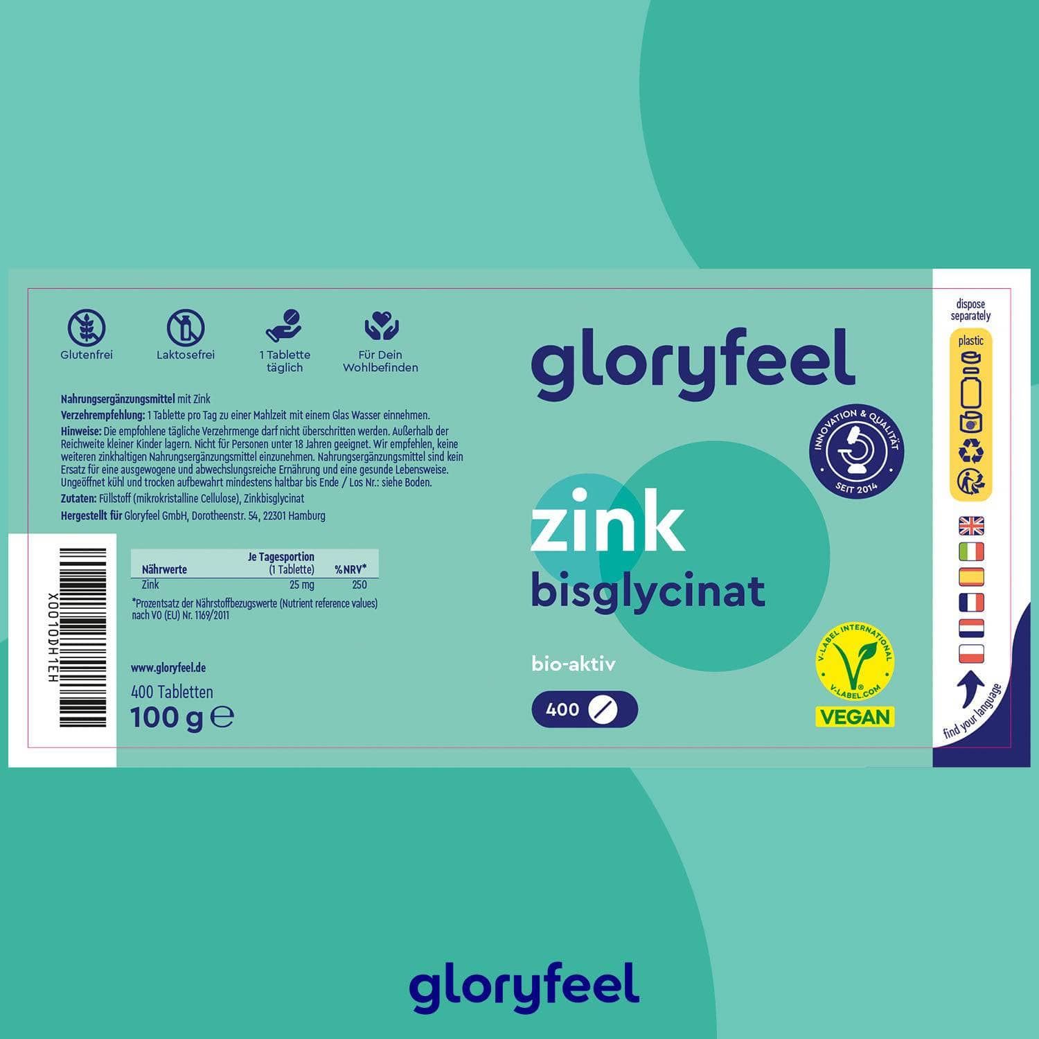 Grüne Produktverpackung mit Text. Aufschrift: gloryfeel Zink Bisglycinat, 400 Tabletten. Vegan-Siegel. Barcode.