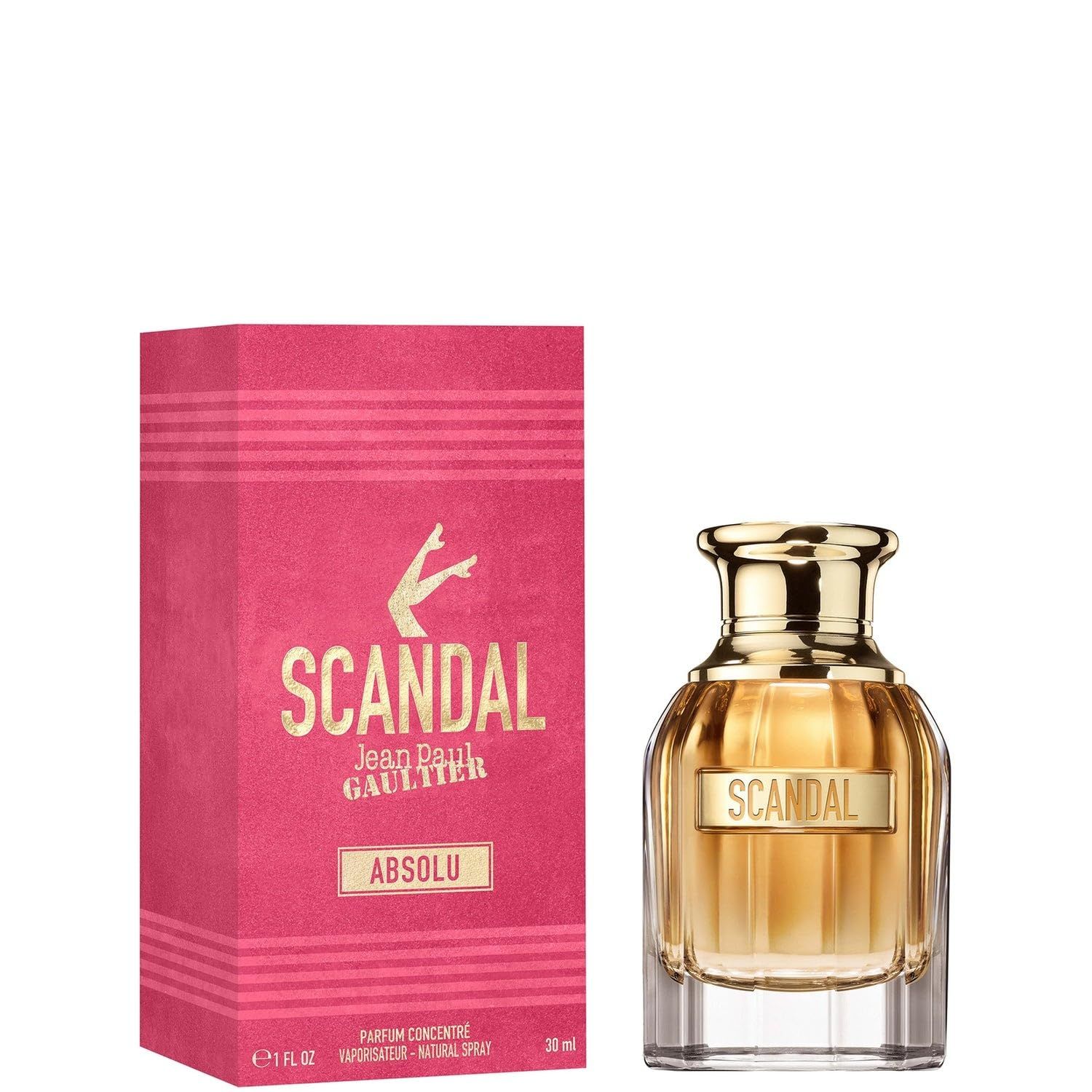 Parfumflakon und Verpackung. Flakon mit goldenem Verschluss, Schriftzug Scandal. Verpackung rosa mit Schriftzug Scandal Absolu.