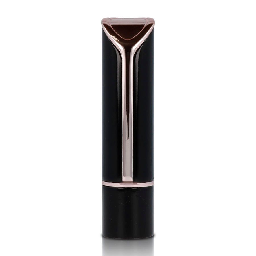 Schwarzer Lippenstift-Vibrator mit goldfarbenen Akzenten. Oberteil und Unterteil in Gold gehalten.