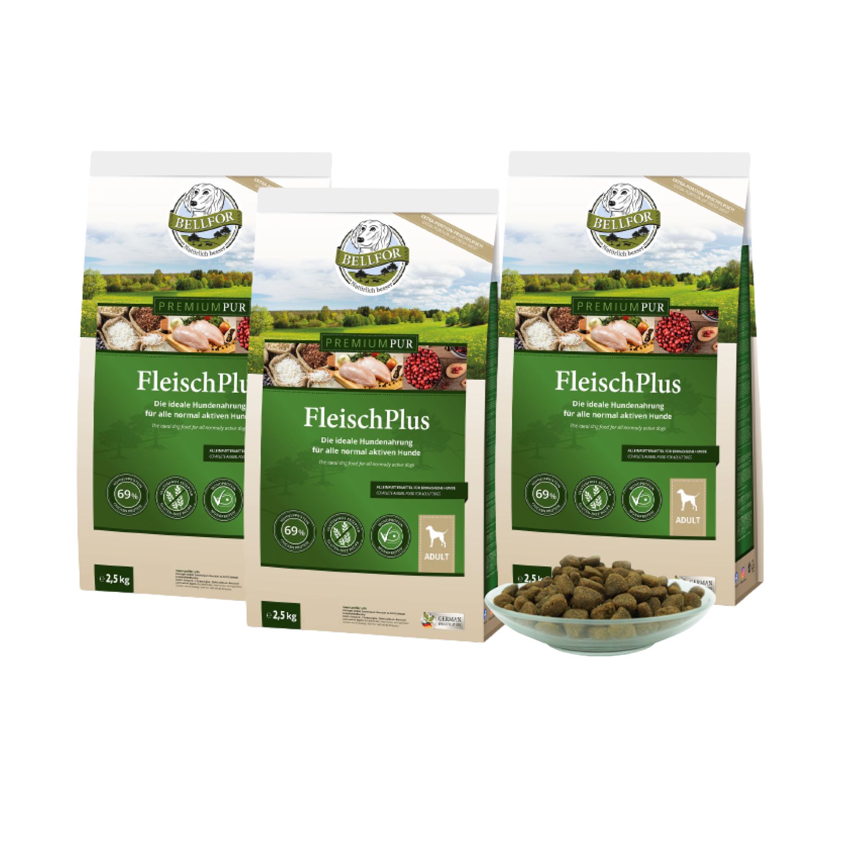Drei Hundefutter-Beutel, Marke BEILFOR, PREMIUM PUR FleischPlus. 2,5 kg. Eine Schale mit Kroketten daneben.