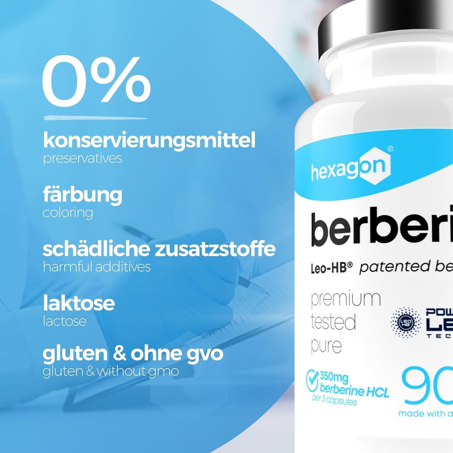 Hexagon Berberin Kapsel: Flasche mit 90 Kapseln, 0% Konservierungsmittel, Farbstoffe, Laktose, Gluten.