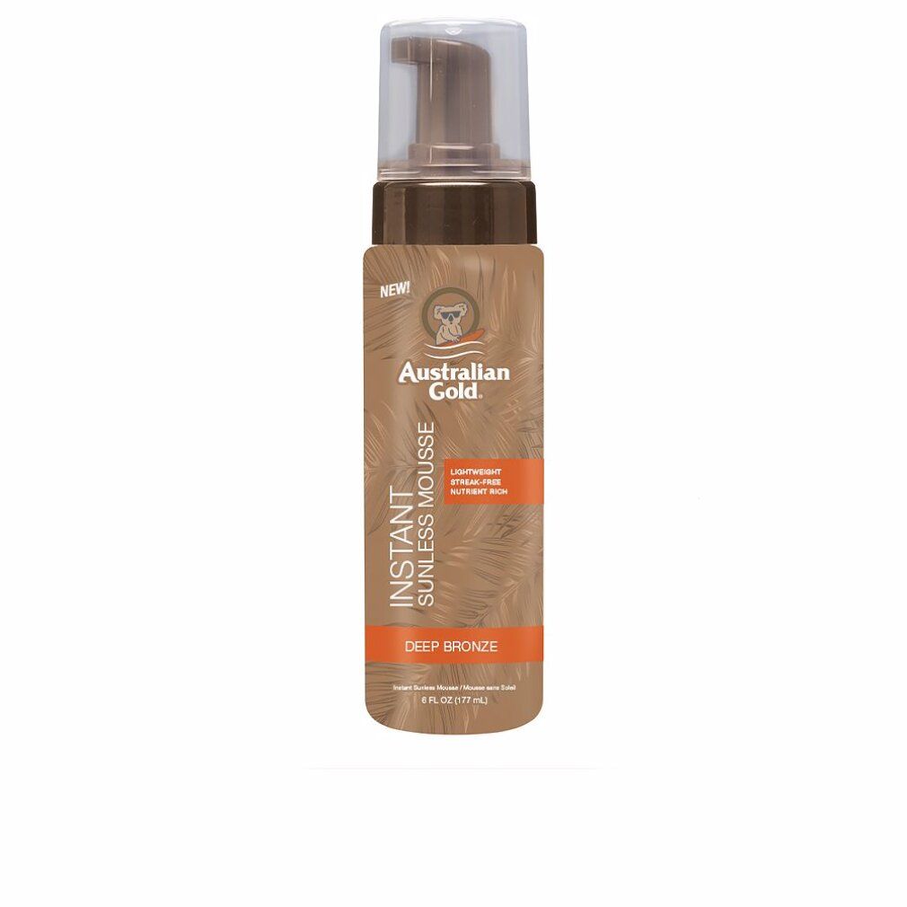 Braune Flasche mit Pumpe. Aufschrift: Australian Gold Instant Sunless Mousse, Deep Bronze.