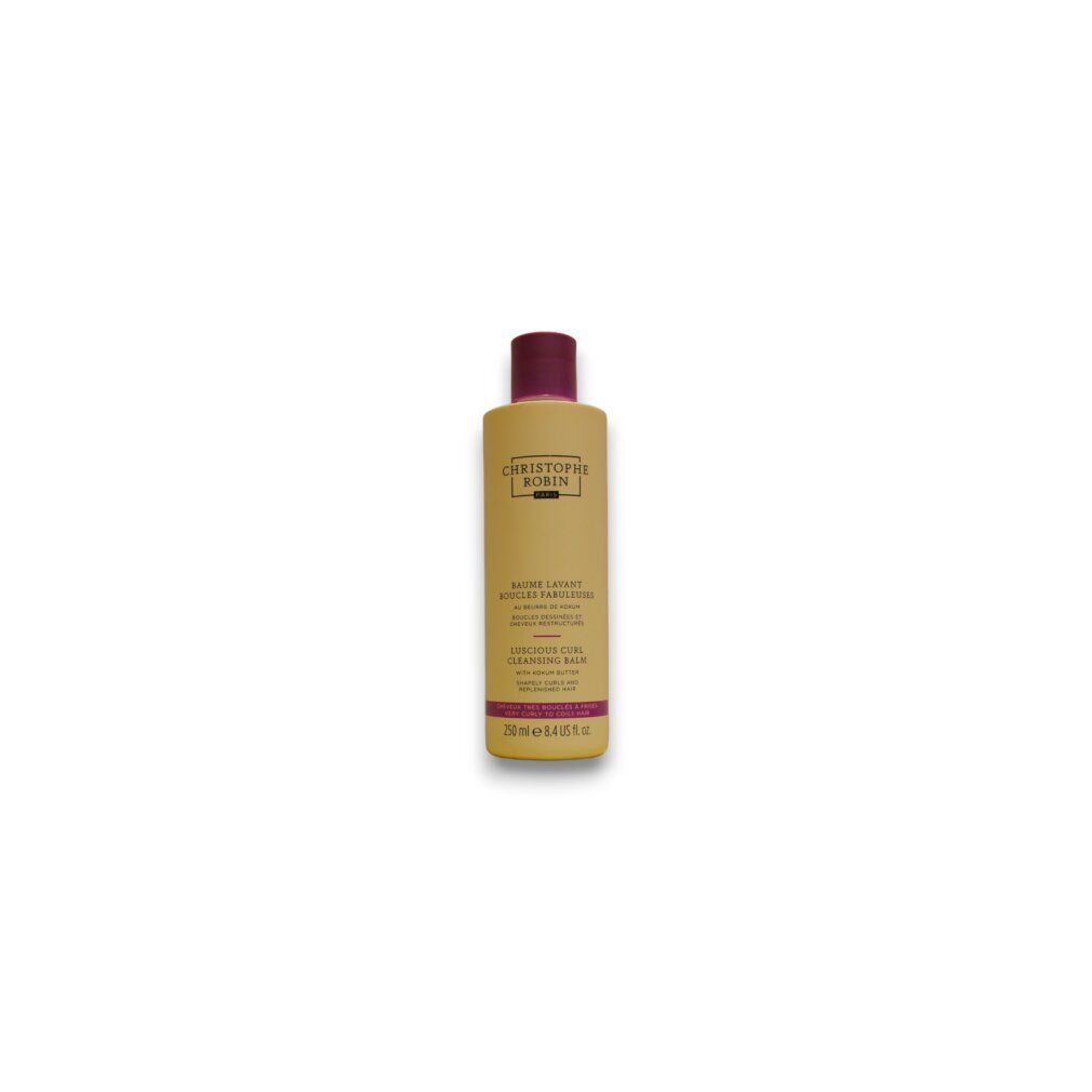 Weiße Flasche mit violetter Kappe, Christophe Robin Luscious Curl Cleansing Balm.