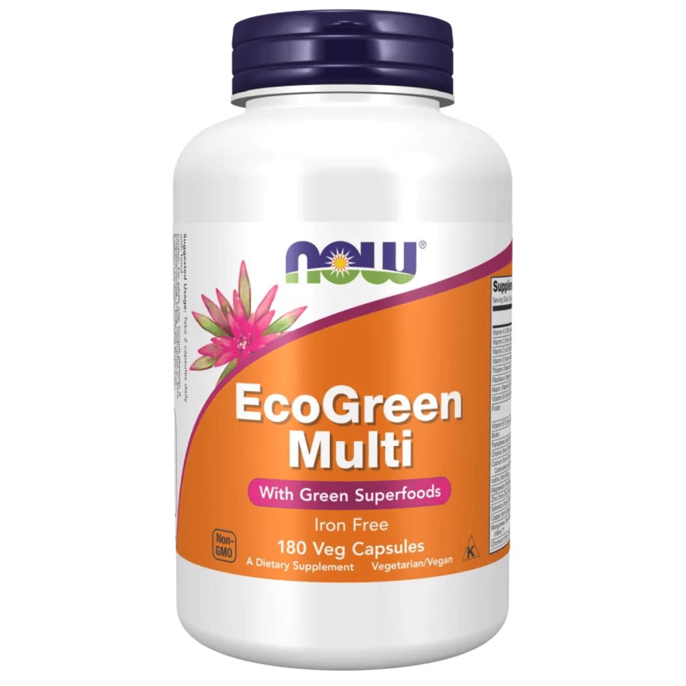 Flacone bianco, tappo blu. Scritta EcoGreen Multi, con superfood verdi, 180 capsule vegetali. Marchio NOW.