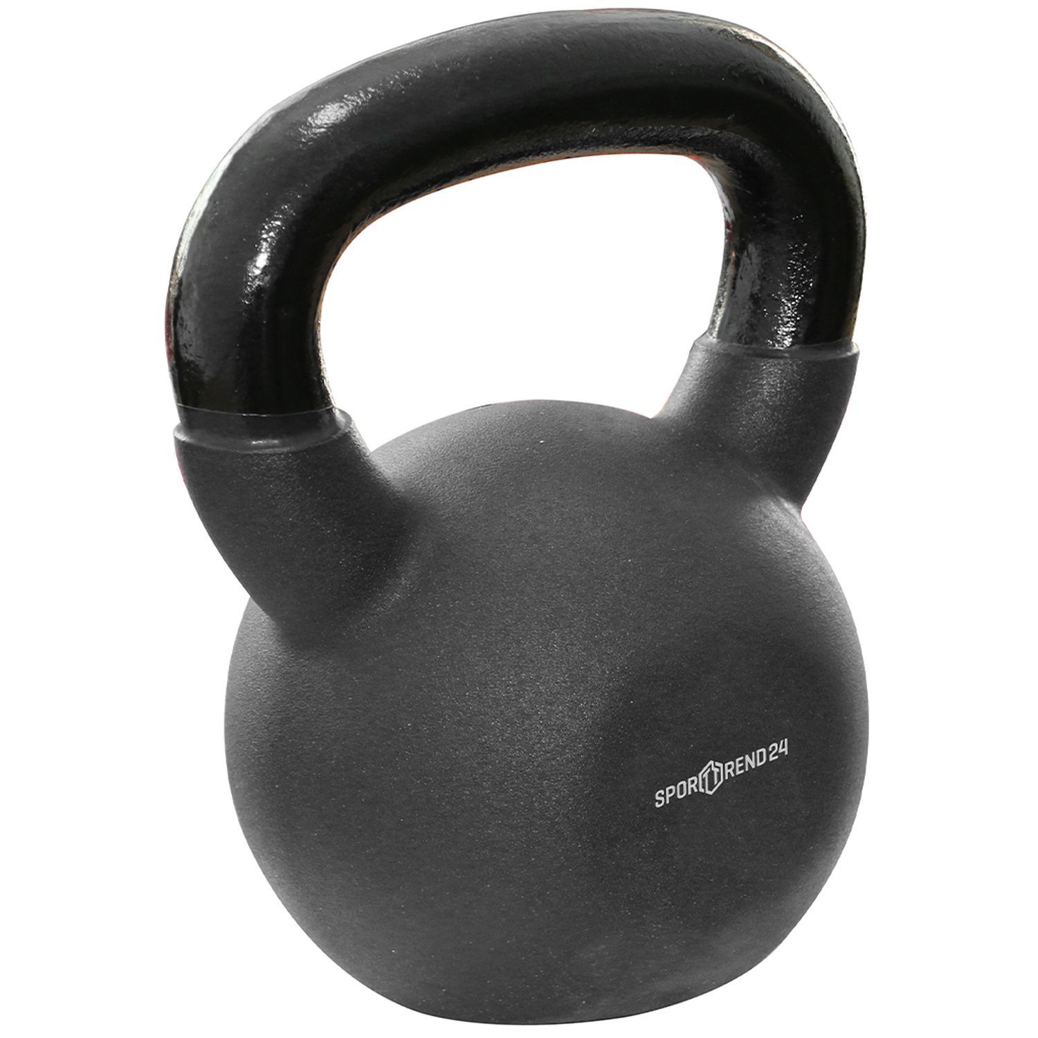 Schwarze Kettlebell mit schwarzem Griff. Sporttrend24 Logo. Kugelförmiger Körper mit Griff. Für Fitness-Training.