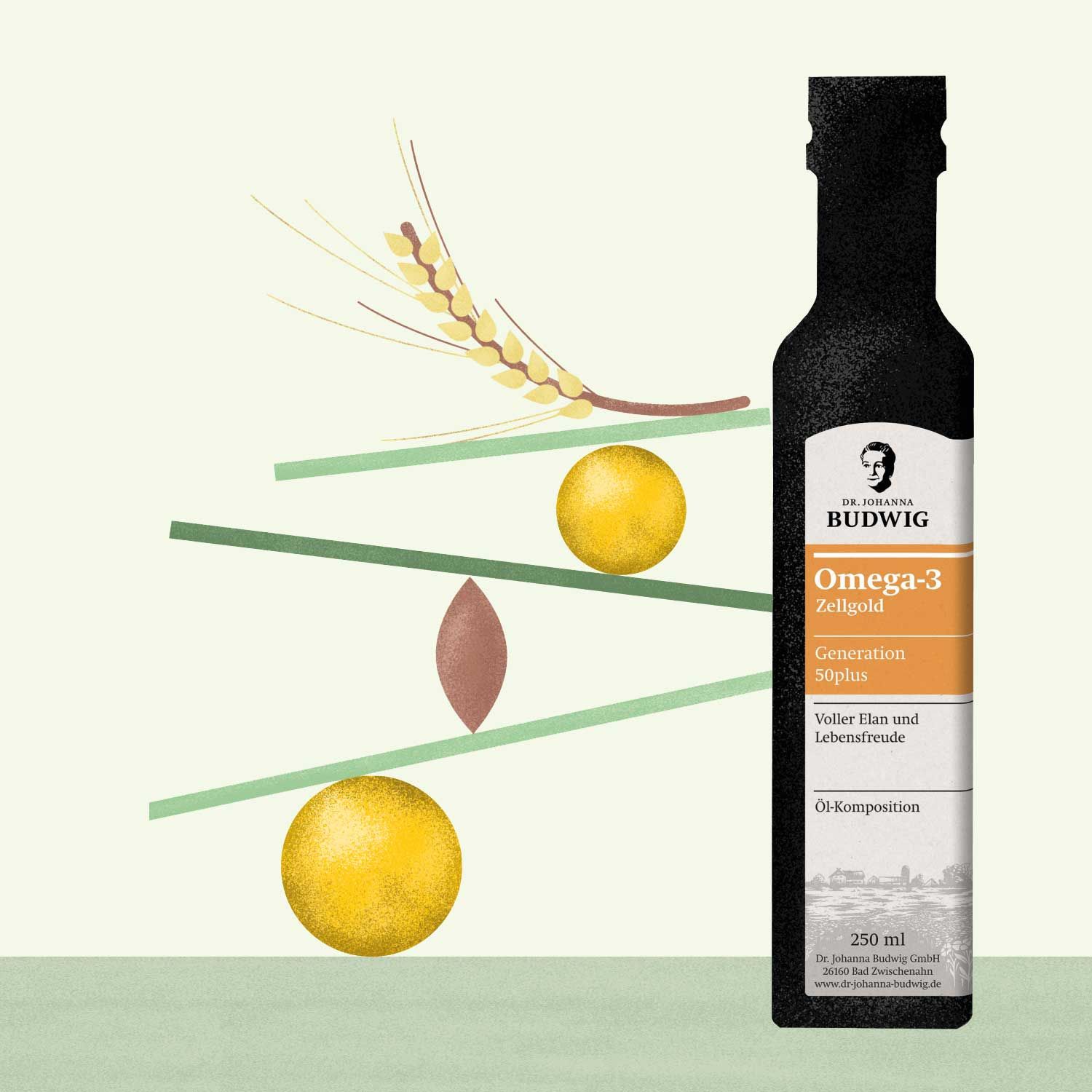 Braune Flasche mit Etikett und abstrakter Illustration. Aufschrift: Omega-3 Zellgold, Generation 50plus. 250 ml.