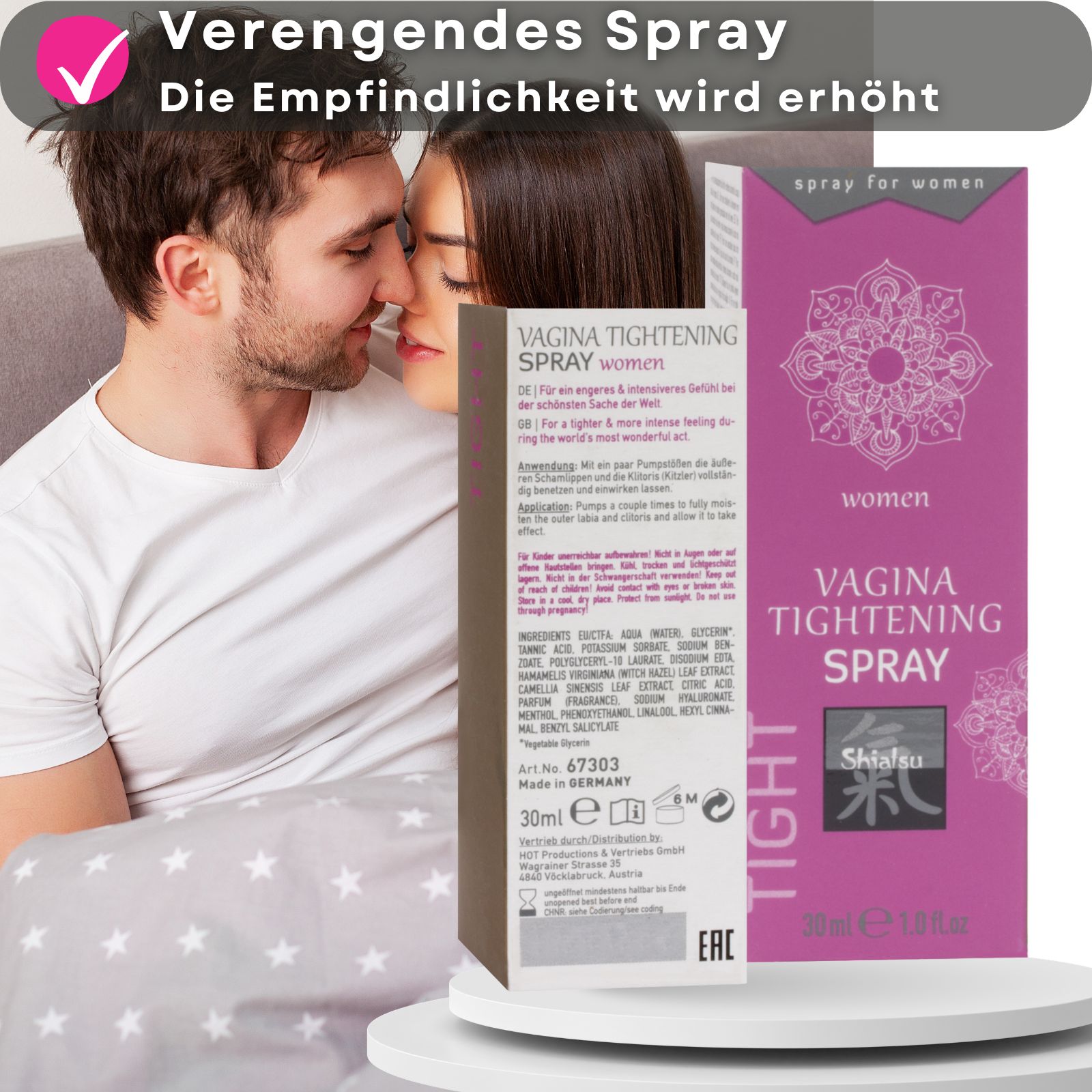 Flasche und Verpackung. Text: Vagina Tightening Spray. Paar im Hintergrund. Check-Zeichen.