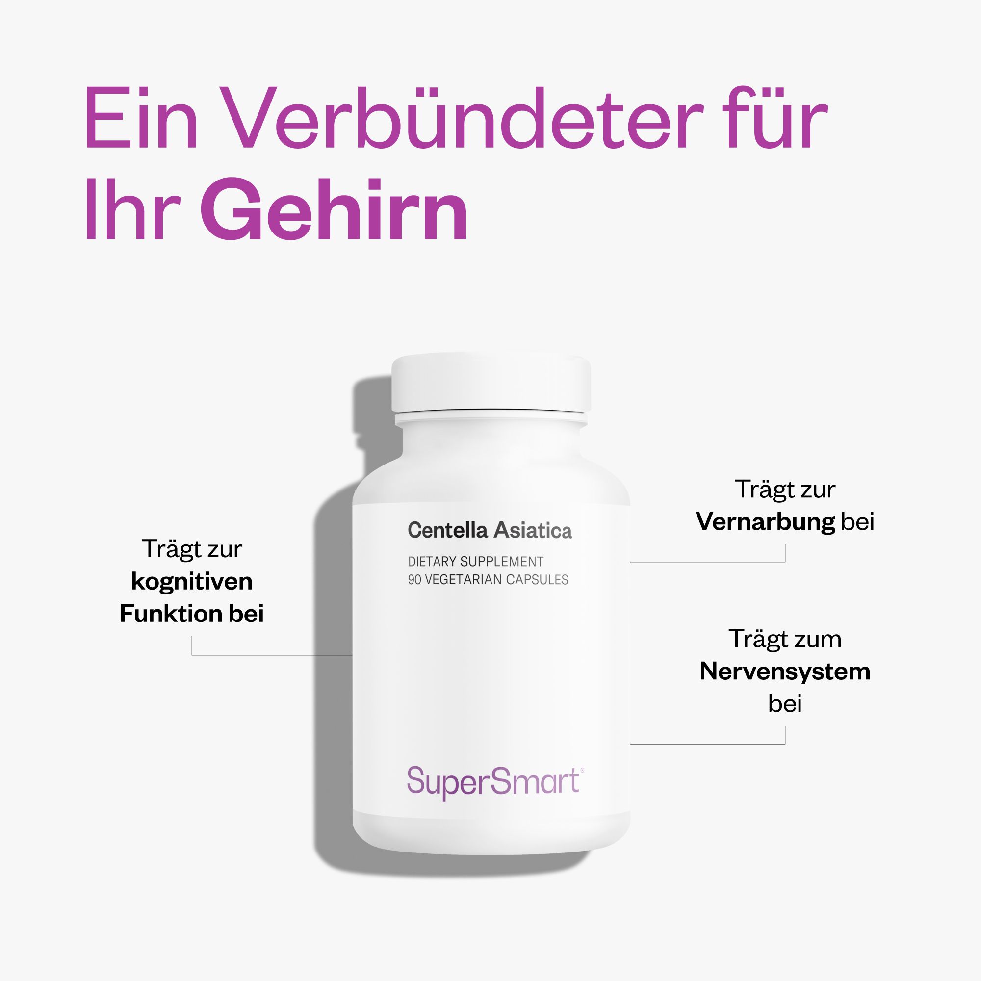 Weiße Flasche mit Centella asiatica-Kapseln. Text: Dietary Supplement, 90 vegetarische Kapseln. SuperSmart-Logo.