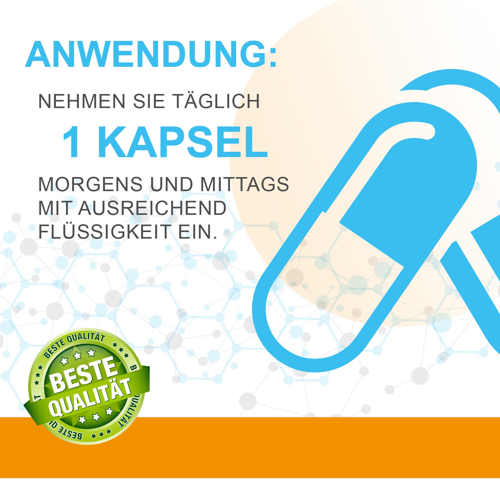 Anwendung: 1 Kapsel morgens und mittags mit Flüssigkeit einnehmen.  Grünes Siegel: Beste Qualität.