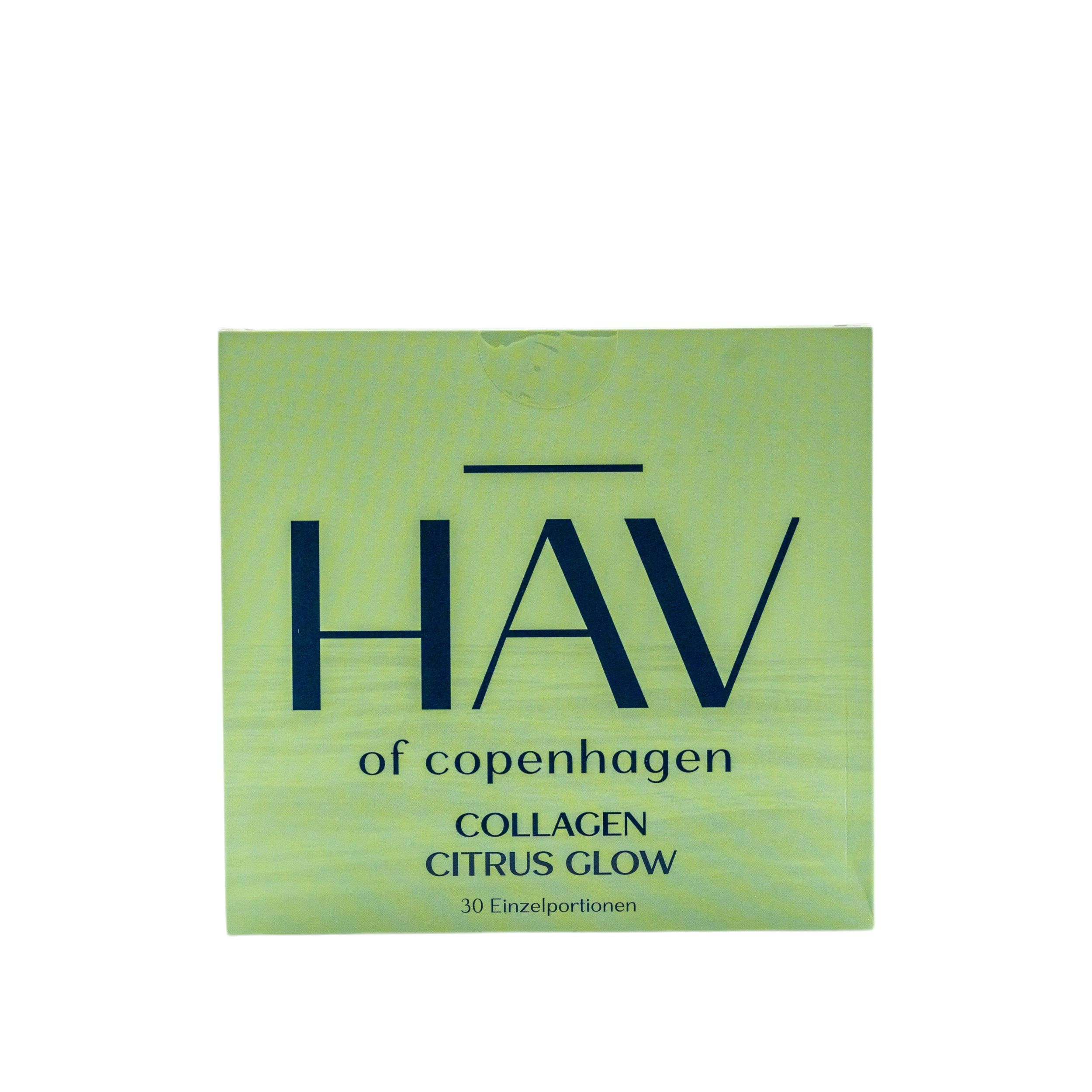 Grüne Schachtel mit HAV of Copenhagen Collagen Citrus Glow. 30 Einzelportionen. Logo und Produktname deutlich sichtbar.