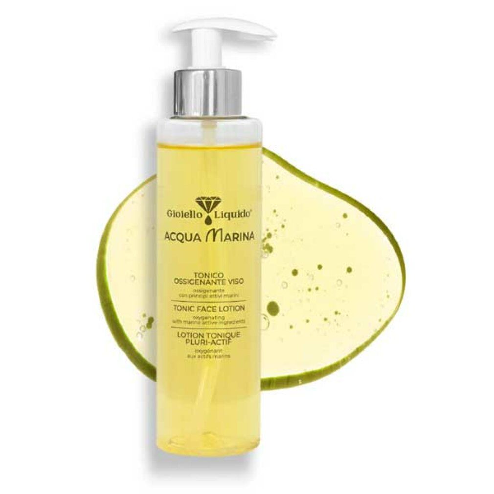 Flasche mit Pumpe und gelblicher Flüssigkeit. Auf einer grünen, tropfenförmigen Fläche. Beschriftung: Acqua Marina, Tonic Face Lotion.