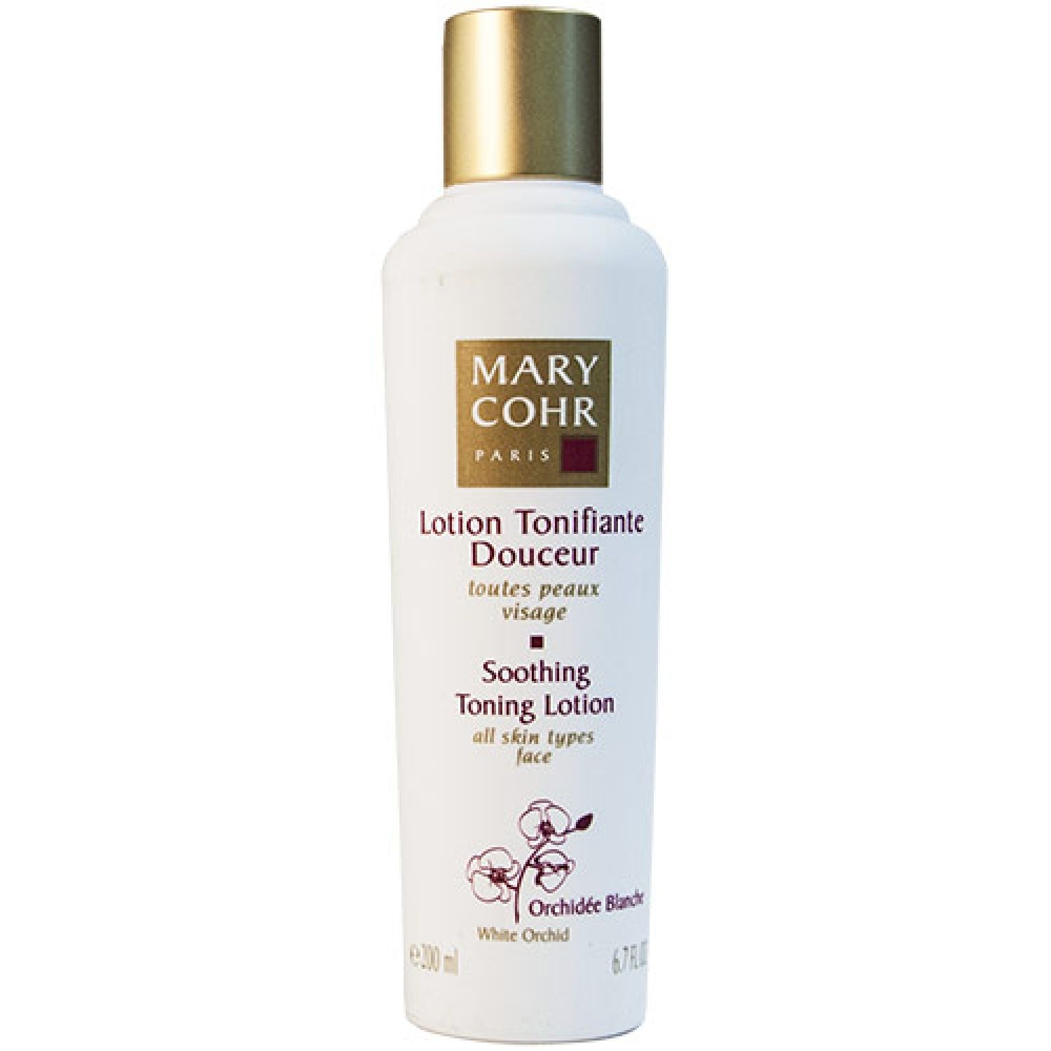 Weiße Flasche mit goldfarbenem Deckel. Aufschrift: MARY COHR PARIS, Lotion Tonifiante Douceur, Soothing Toning Lotion.