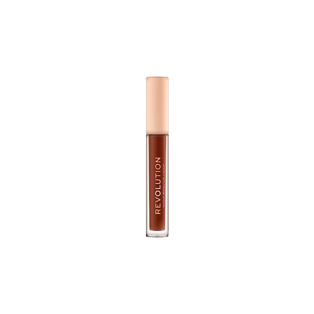 Flüssiger Lippenstift in einer transparenten Tube mit beigefarbenem Deckel. Auf der Tube steht "REVOLUTION".